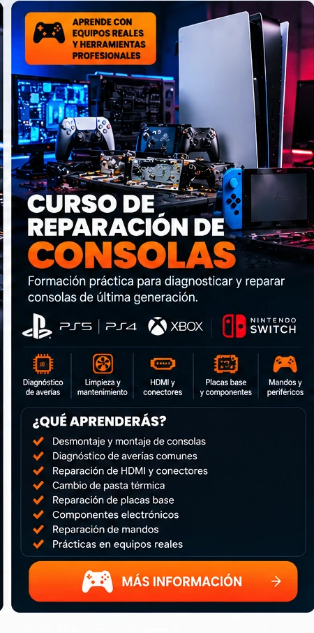 Curso profesional de reparación de consolas, sin personas