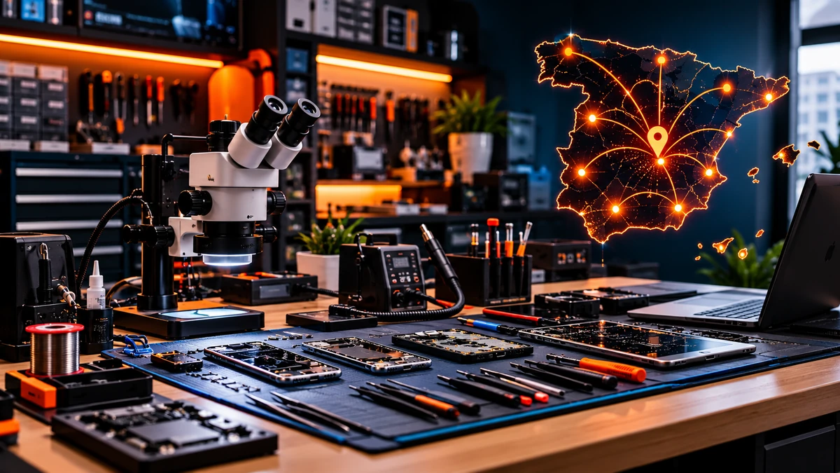 Taller técnico y mapa de España para formación de ReparandoLab en tiendas